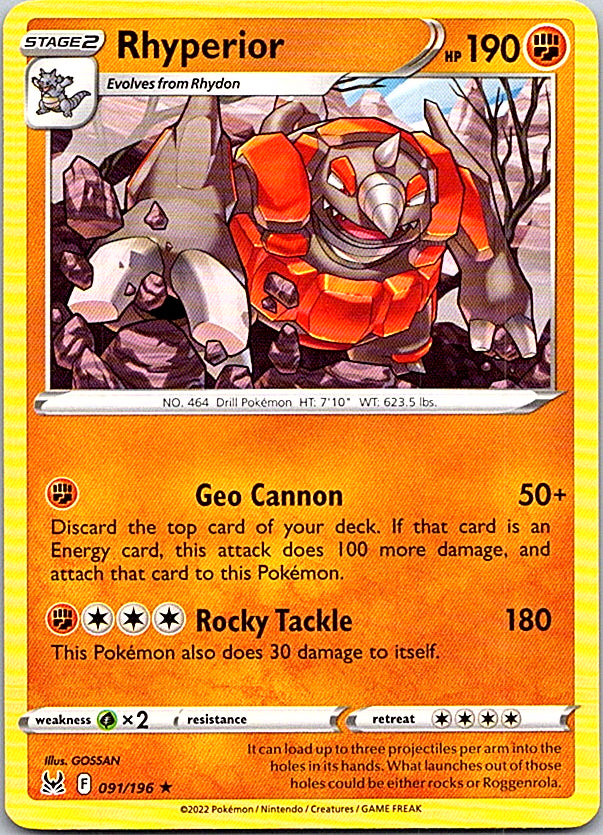 Rhyperior Rare SWSH11: Lost Origin 091/196 NM