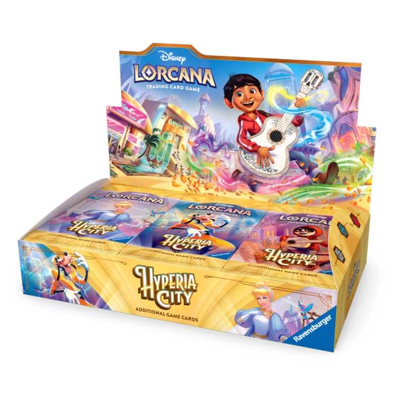 Disney Lorcana Hyperia City booster box, front view of the sealed display