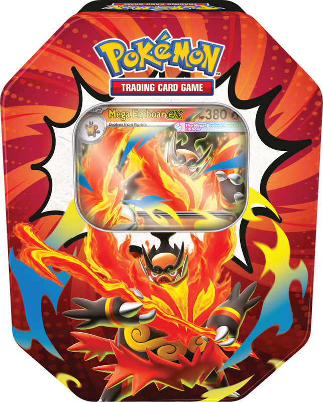 Ascended Heroes Mega Emboar ex tin — English sealed product artwork