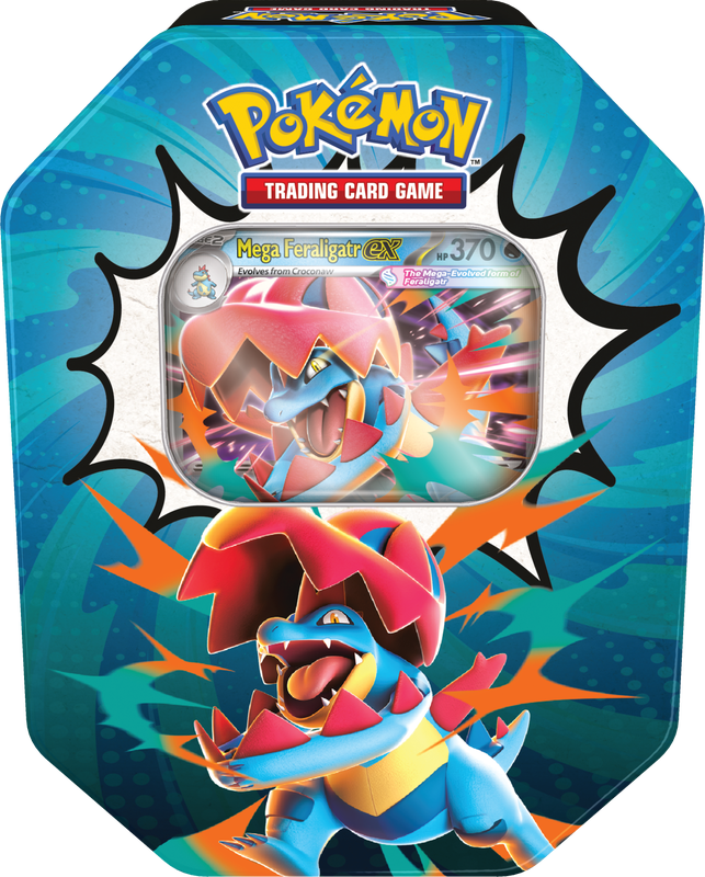 Ascended Heroes Mega Feraligatr ex tin — English sealed product artwork