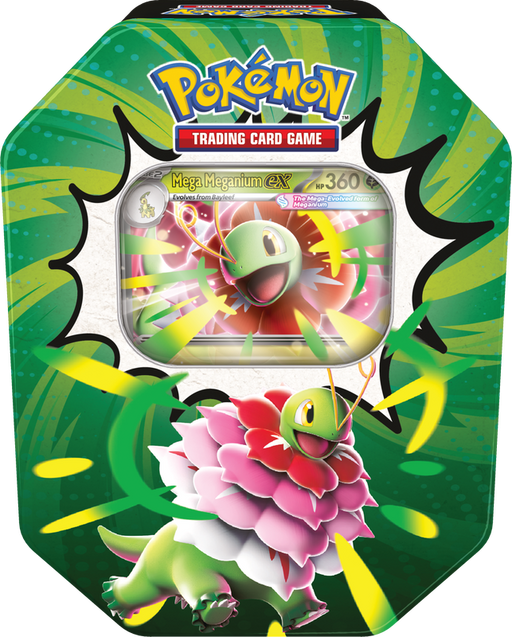 Ascended Heroes Mega Meganium ex tin — English sealed product artwork