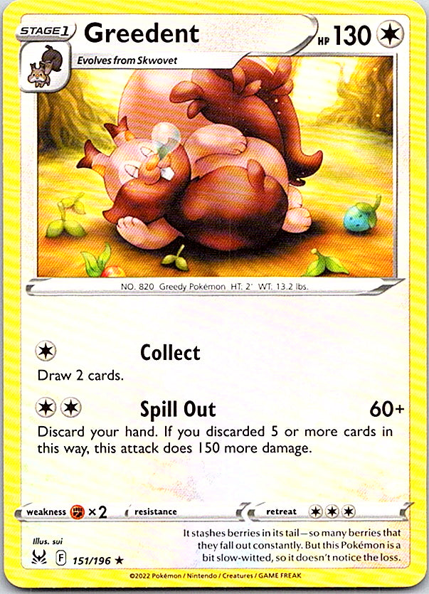 Greedent Rare SWSH11: Lost Origin 151/196 NM