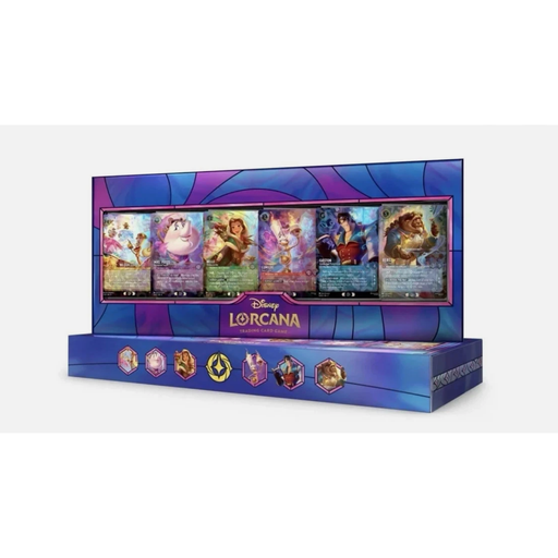 Disney Lorcana Curator's Collection Beauty and the Beast Edition – contents, six stained-glass foil cards on display