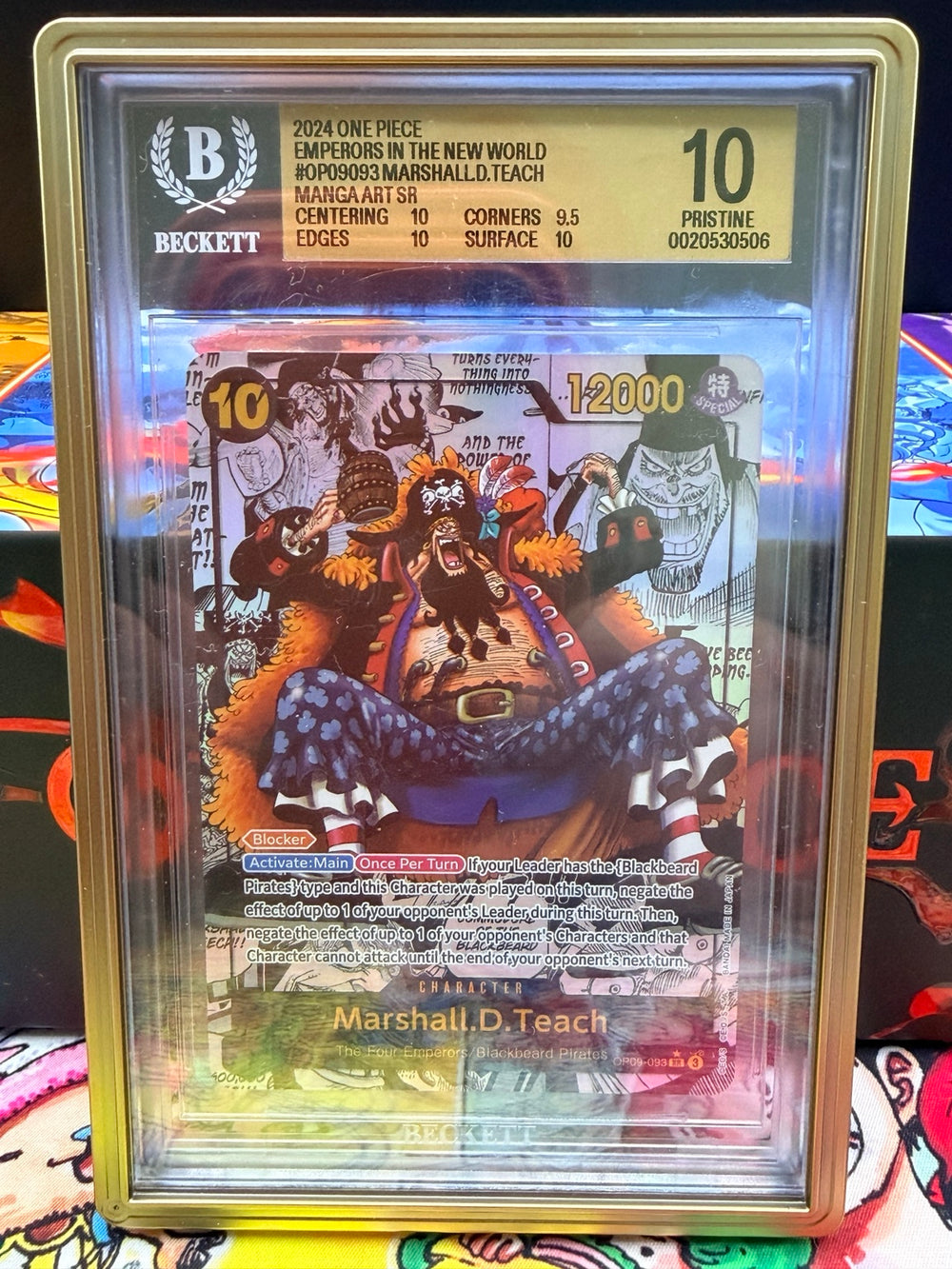 Blackbeard OP09-093 manga card and Beckett subgrades close-up