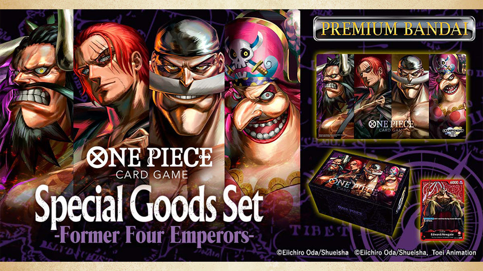 Bandai ONE PIECE Special Goods Set – Former Four Emperors, showing the playmat, storage box and card