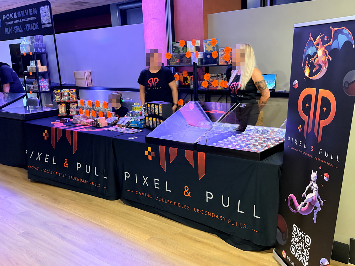 Pixel & Pull team at a card show; all visible faces pixelated for privacy