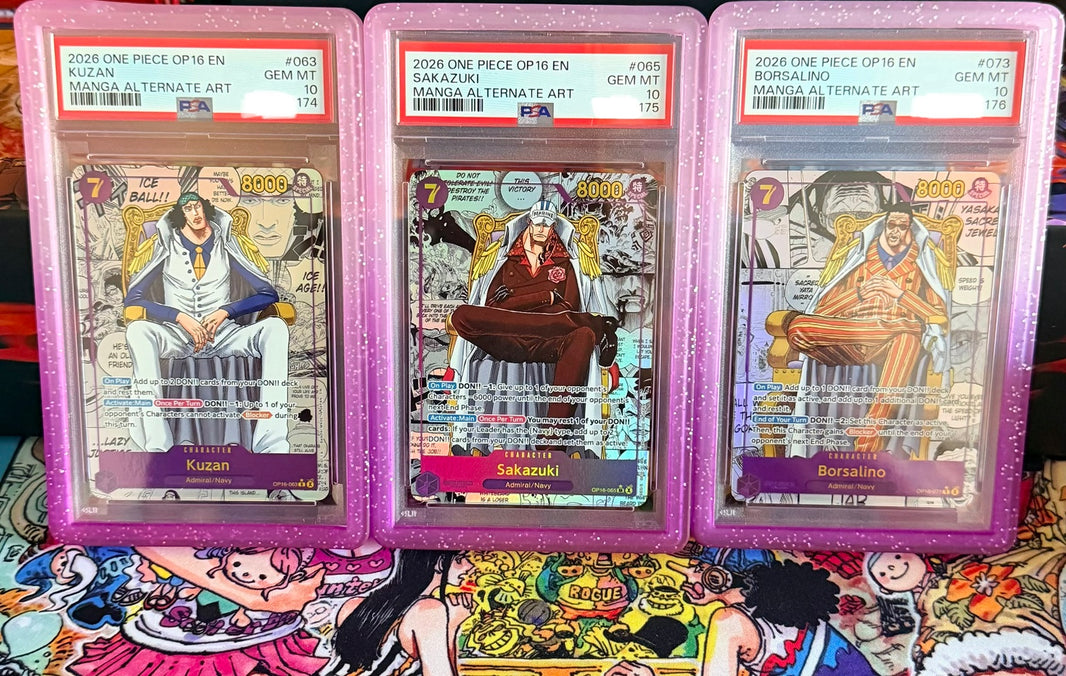 Kuzan, Sakazuki and Borsalino OP16 English Manga Alternate Art sequential PSA 10 set
